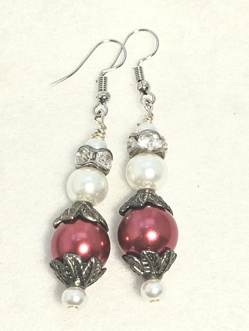 Festive Red and White Pearl Drop Earrings with Silver Accents